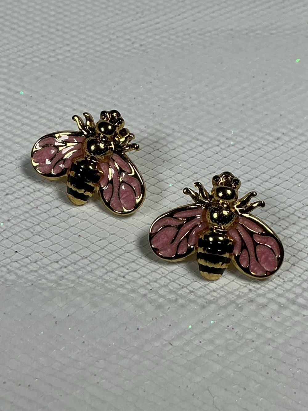 Pink & Black Bee Earrings Hand Painted Enamel Hypoallergenic Post Drop Goldtone - Picture 7 of 16